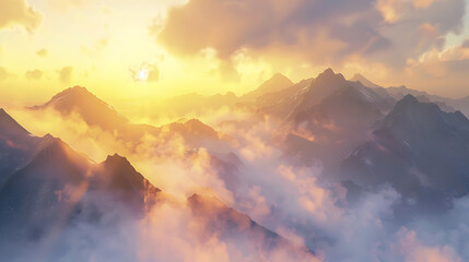 Golden Sunrise Over Misty Mountain Range

