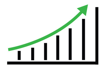 Upward stepping green arrow. Growth black blue stairs step to growth success vector illustration on white. Progress way and forward achievement creative concept. Bar graph of blue bars.