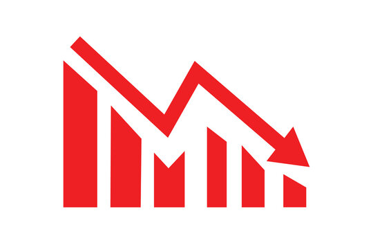 Red arrow going down stock icon on white background. Bankruptcy, financial market crash icon for your web site design, logo, app, UI. graph chart down trend symbol.chart going down sign.
