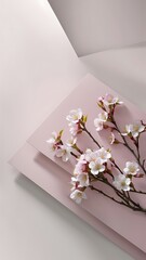 Fresh cherry blossom sakura flowers on pastel pink background spring concept minimalist flat lay top view