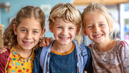 Three children are happily smiling and posing for a picture together in a classroom