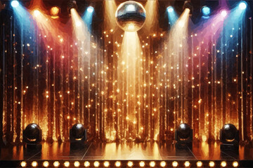 Graphic shows a stage with spotlights and a golden curtain. A disco ball hangs from the ceiling. Vector of polygons.