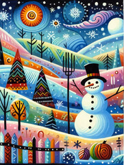 A graphic vector consisting of polygons shows a winter landscape with a cute snowman in the foreground. Colourful lively landscape with sun, snow crystal and fir trees.