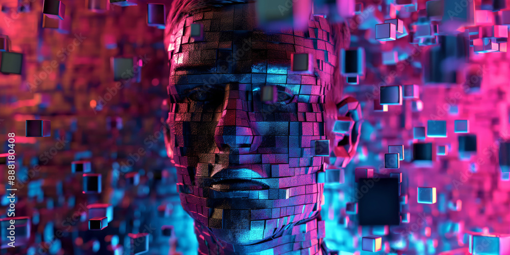 Poster a digital illustration of a human face fragmented into square blocks, floating in a vibrant neon env