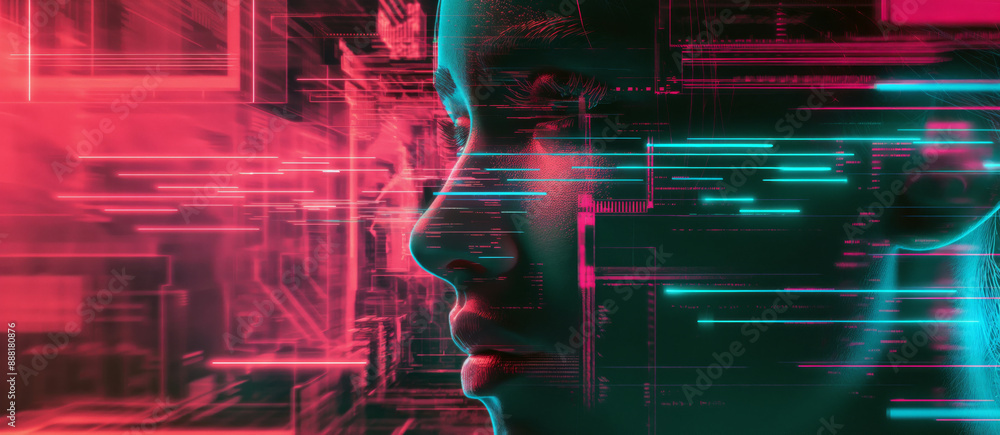 Aufkleber a close-up profile of a person's face immersed in vibrant digital overlays, illustrating the deepfak