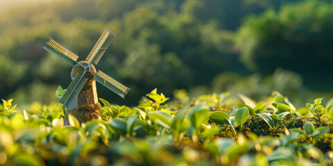 A miniature landscape with a windmills and trees in the background.
