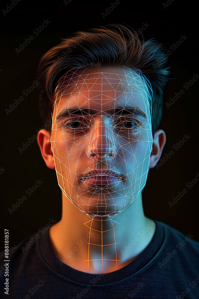 Poster portrait of man with wireframe overlay on black for deepfake technology. facial tracking, detection 