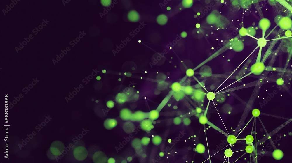 Fototapete bright green dots linked by lime threads on a dark purple canvas, text space in the upper right