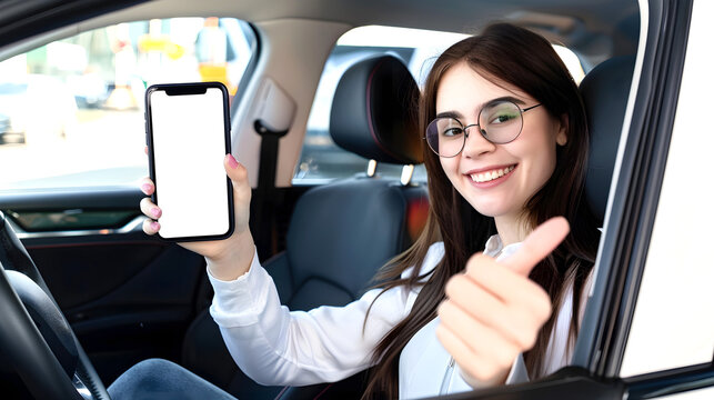 Young woman in a car showing a blank smartphone screen and giving a thumbs up gesture - Powered by Adobe