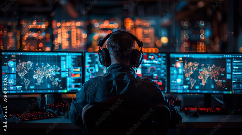 Poster engineer monitors the performance of autonomous systems from a darkened control room at night.