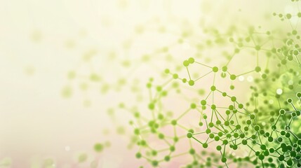 Bright lime green dots linked by dark green threads on a pale rose background, text space in the bottom right