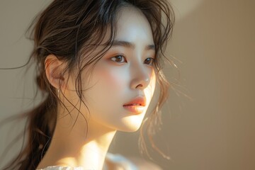 Close up Asian model with a beautiful face. Cosmetology, beauty, skincare concept.