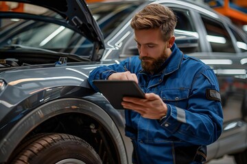 Mechanic inspecting car with digital tablet.