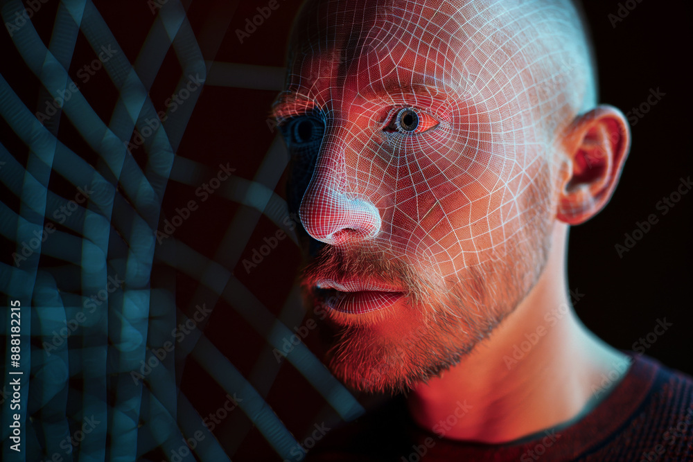 Aufkleber portrait of man with wireframe overlay for deepfake technology. facial tracking, detection and recog