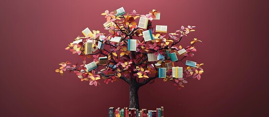 stunning 3D tree with vibrant book-leaves each book cover intricately designed set against solid maroon background. The scene captures the essence of education.