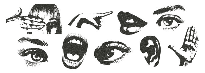Elements for a retro grunge collage with a photocopy effect. Eyes, mouth, face, hand, ear with the effect of halftone strokes for design in y2k format. The effect of grain and dotted lines. 