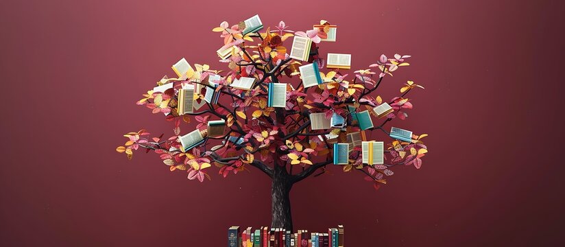 stunning 3D tree with vibrant book-leaves each book cover intricately designed set against solid maroon background. The scene captures the essence of education.