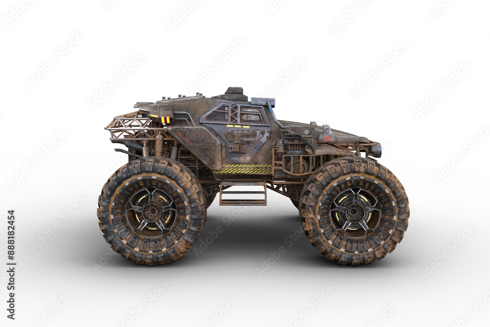 Poster cyberpunk post apocalyptic off road car with huge wheels. side view isolated 3d render.