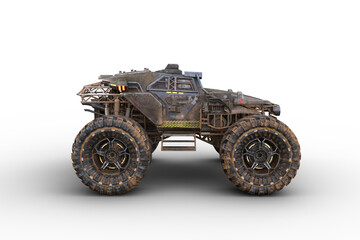 Cyberpunk post apocalyptic off road car with huge wheels. Side view isolated 3D render. © IG Digital Arts