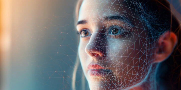 Portrait of young woman with wireframe overlay for deepfake technology. Facial tracking, detection and recognition technology. Blue background with copy space.