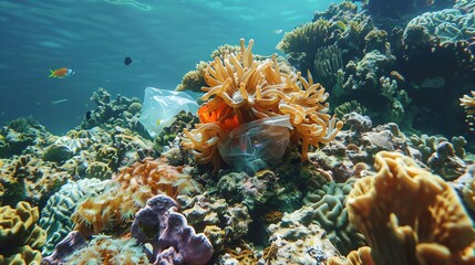 Obraz premium Plastic bag near coral formation, underwater pollution, marine conservation