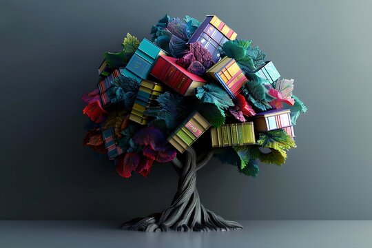 stunning 3D tree with vibrant book-leaves each book cover intricately designed set against solid slate grey background. The scene captures the essence of literacy and learning.