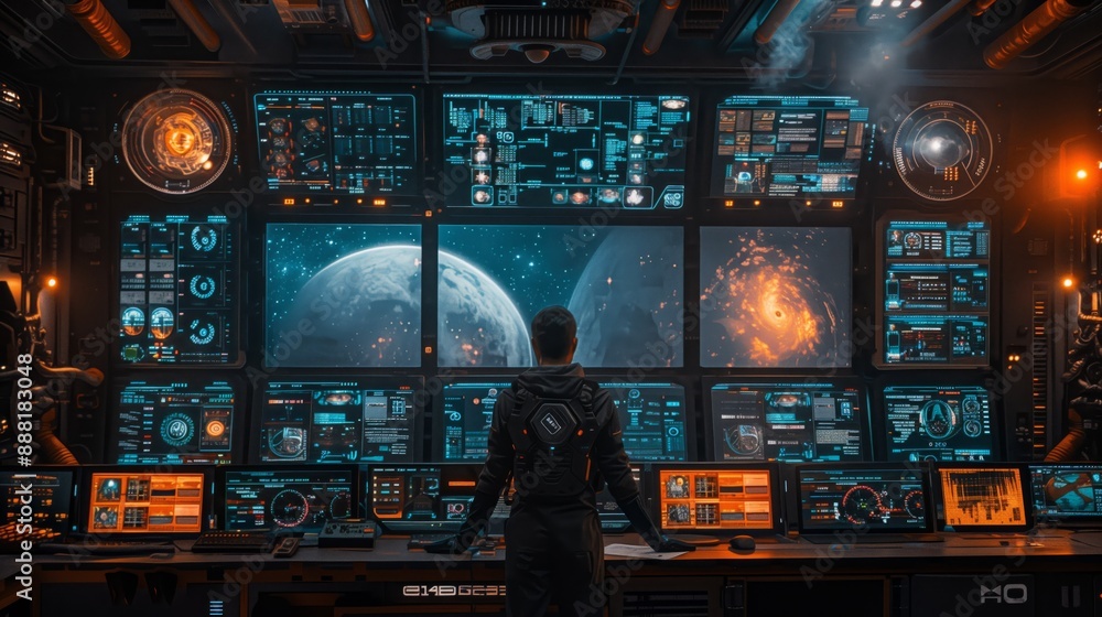 Poster a lone engineer stands in a high-tech control room, monitoring the performance of an autonomous spac