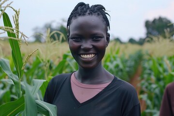 A young woman with braided hair smiles brightly while standing in a field of tall corn stalks