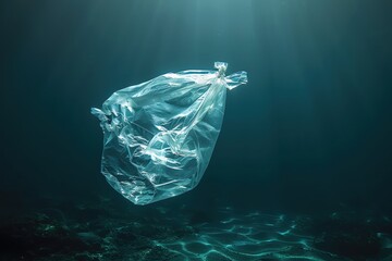 Fototapeta premium Plastic bag suspended in water column, deep sea, marine pollution