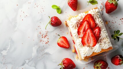 A slice of strawberry shortcake topped with fresh strawberries on a white marble surface.