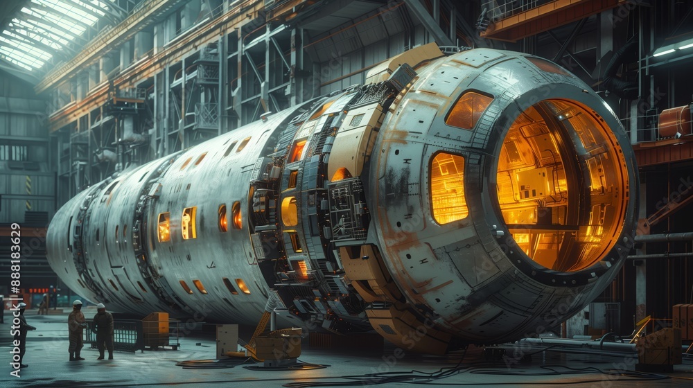 Poster a group of engineers stand near a large industrial component being assembled in a factory. the compo