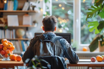 Student purchasing online courses, study desk, academic advancement