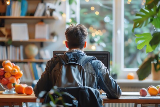 Student purchasing online courses, study desk, academic advancement