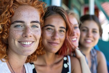 Fototapeta premium Four women stand together, smiling and looking directly at the camera