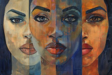 A close-up oil painting depicting four different sides of a woman's face. Each side is painted in a different color scheme and portrays a unique expression, creating a complex and intriguing portrait