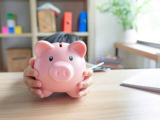 a person holding a pink piggy bank