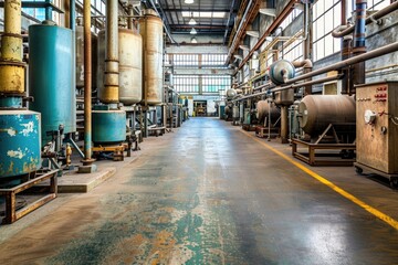 A long, industrial hallway lined with large, metallic tanks and machinery