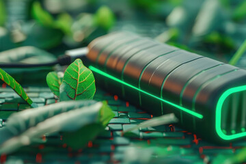 Technology battery with green leaf