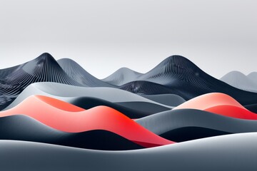 Naklejka premium Monochromatic illustration of stylized mountains with red highlights, creating a modern and minimalist landscape.
