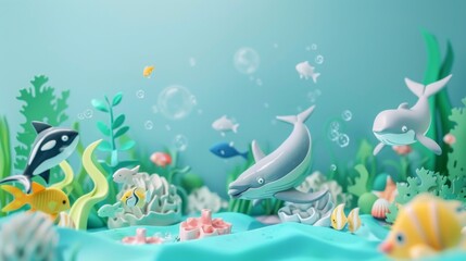 Ocean Guardians: Whimsical 3D Cartoon Marine Animals Advocating Against Plastic Pollution for Sustainable Future, Ideal for World Environment Day Campaigns and Eco-Friendly Event Invitations, 4K Ultra