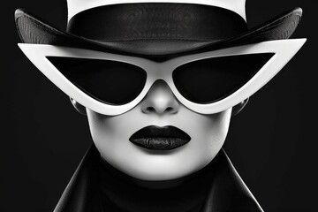 A close-up, black and white portrait of a woman wearing oversized cat-eye sunglasses and a wide-brimmed hat © Konstiantyn Zapylaie