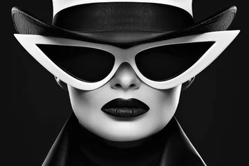 A close-up, black and white portrait of a woman wearing oversized cat-eye sunglasses and a wide-brimmed hat © Konstiantyn Zapylaie