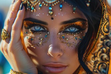 A close-up portrait of a woman with intricate gold and blue makeup, her piercing blue eyes staring intensely