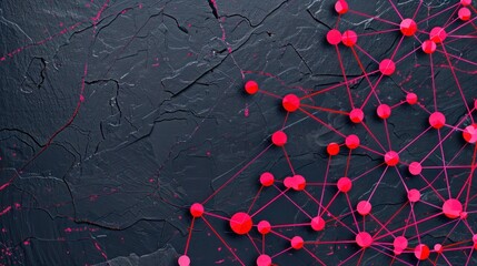 Bright red dots connected by pink lines on a dark slate background, text area in the bottom right