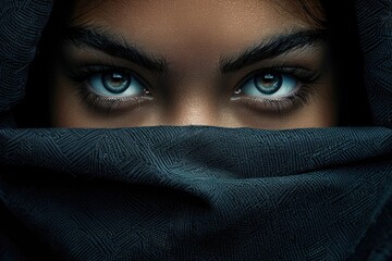 A woman with piercing blue eyes gazes intensely from behind a dark veil