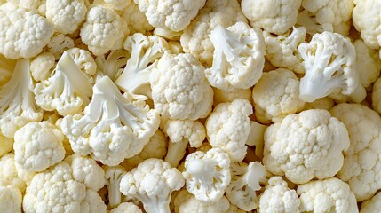 Pile of Fresh Cauliflower Florets Displayed in a Bright Close-Up, Showcasing Their White Color