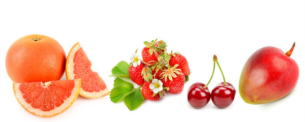 Set of fruits isolated on a white. Wide photo. There is free space for text. Collage.
