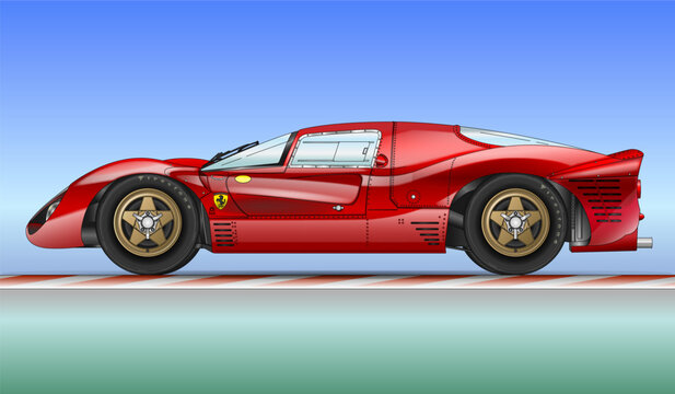 Maranello, Modena, Italy, year 1967 - Ferrari 330 P4 vintage sport car, World Sportscar Championship 1967, silhouette outlined draving, coloured vector illustration