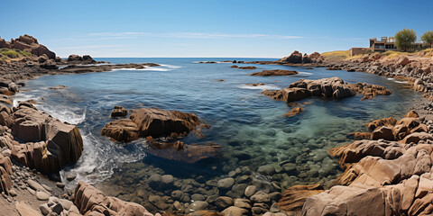 Spherical 360 degrees seamless panorama view in equirectangular projection, wild natural landscape of a beautiful sea bay  with  transparent green-blue waters and rocky waterfront under a blue sky