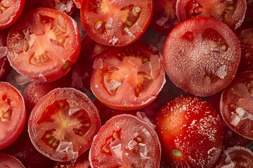 Frozen Halved Cherry Tomatoes in a Close-Up View, Showing Frosted Texture and Vivid Red Color © Synthographie